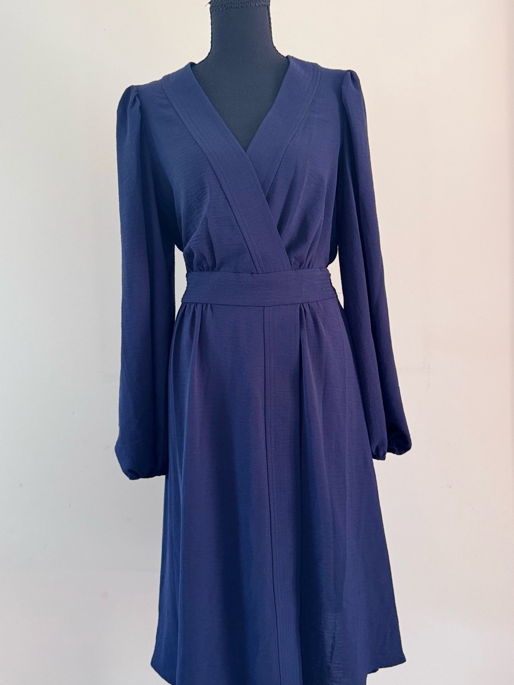 Tommy Hilfiger Dark Navy Long-Sleeve Wrap-Style A-Line V Neck Dress